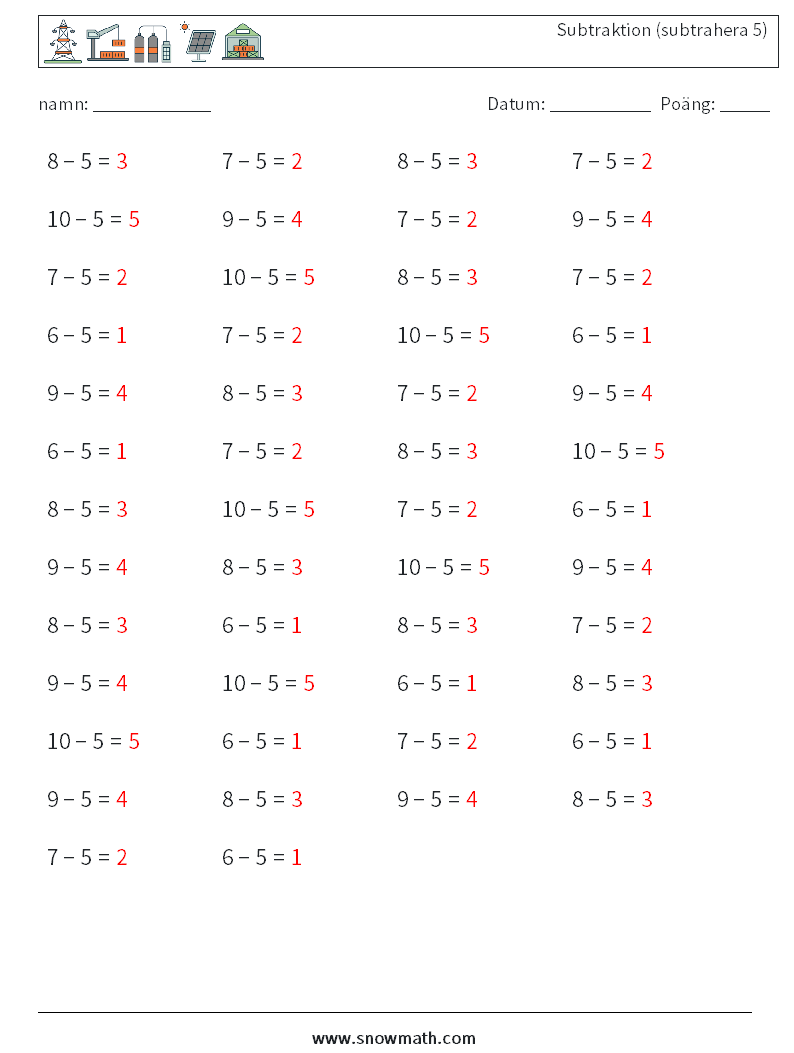 (50) Subtraktion (subtrahera 5) Matematiska arbetsblad 1 Fråga, svar