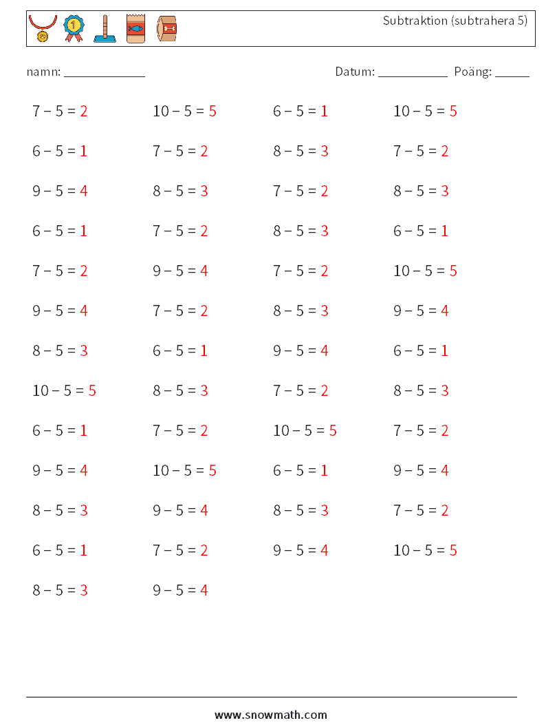 (50) Subtraktion (subtrahera 5) Matematiska arbetsblad 2 Fråga, svar