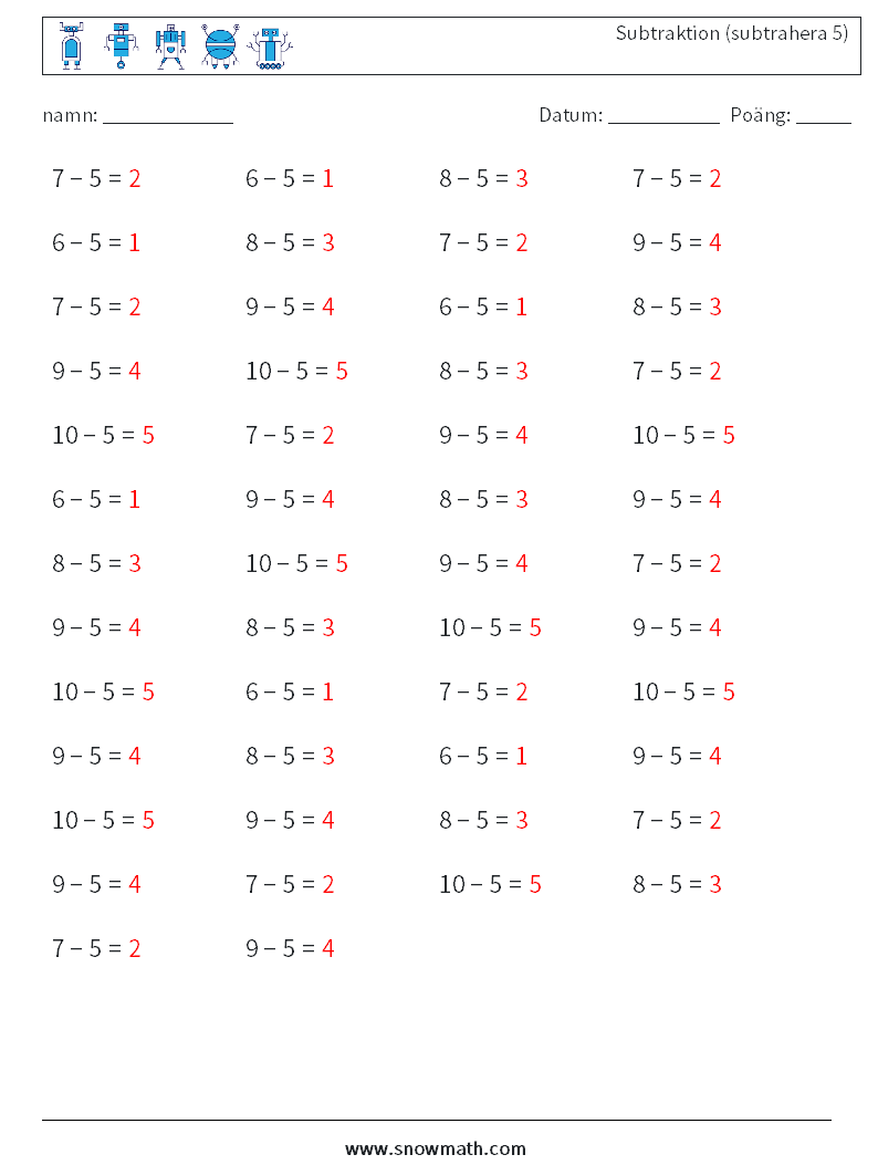 (50) Subtraktion (subtrahera 5) Matematiska arbetsblad 3 Fråga, svar