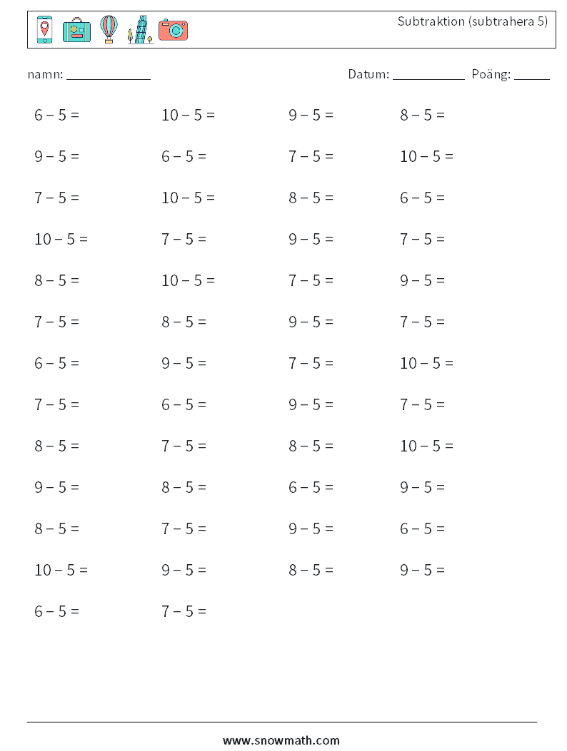 (50) Subtraktion (subtrahera 5) Matematiska arbetsblad 5