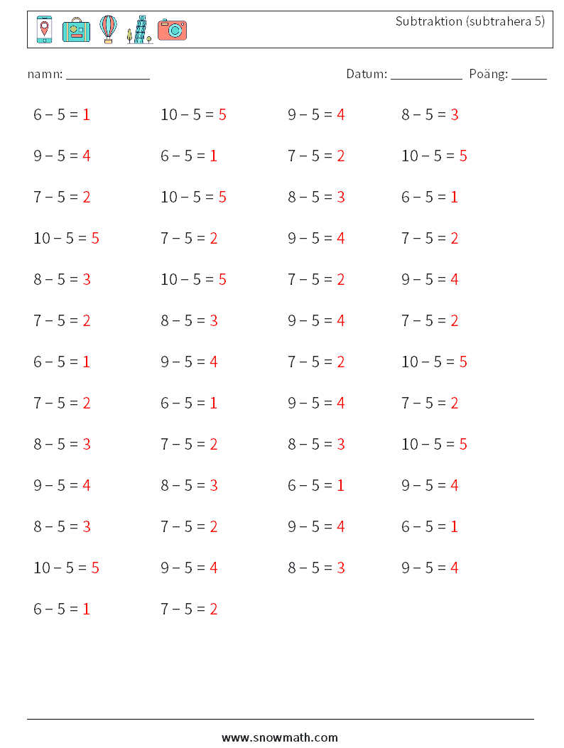 (50) Subtraktion (subtrahera 5) Matematiska arbetsblad 5 Fråga, svar