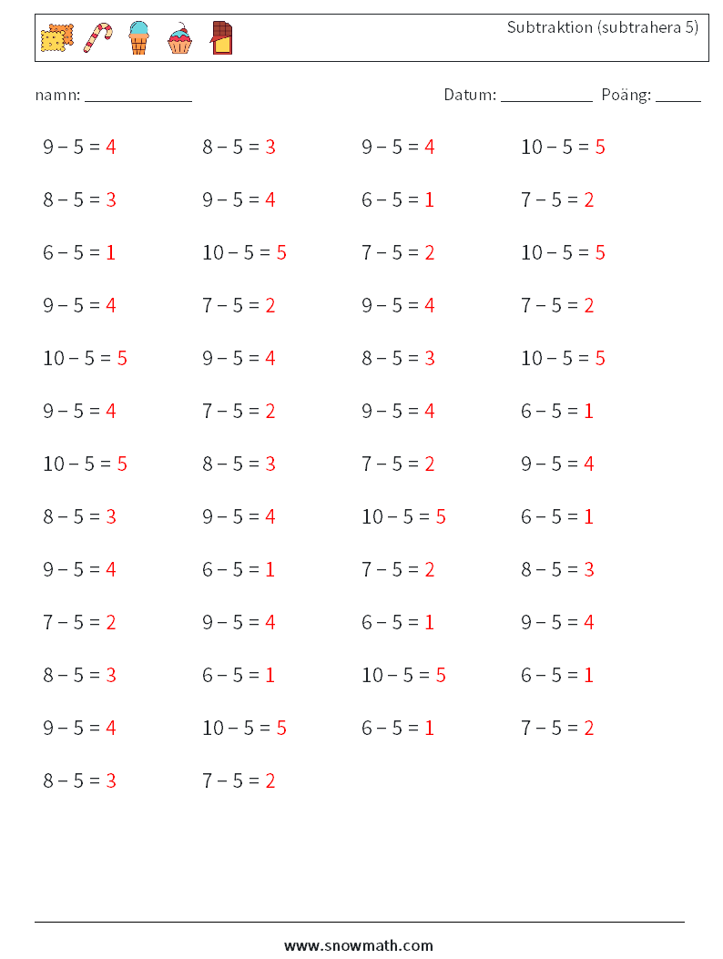 (50) Subtraktion (subtrahera 5) Matematiska arbetsblad 6 Fråga, svar
