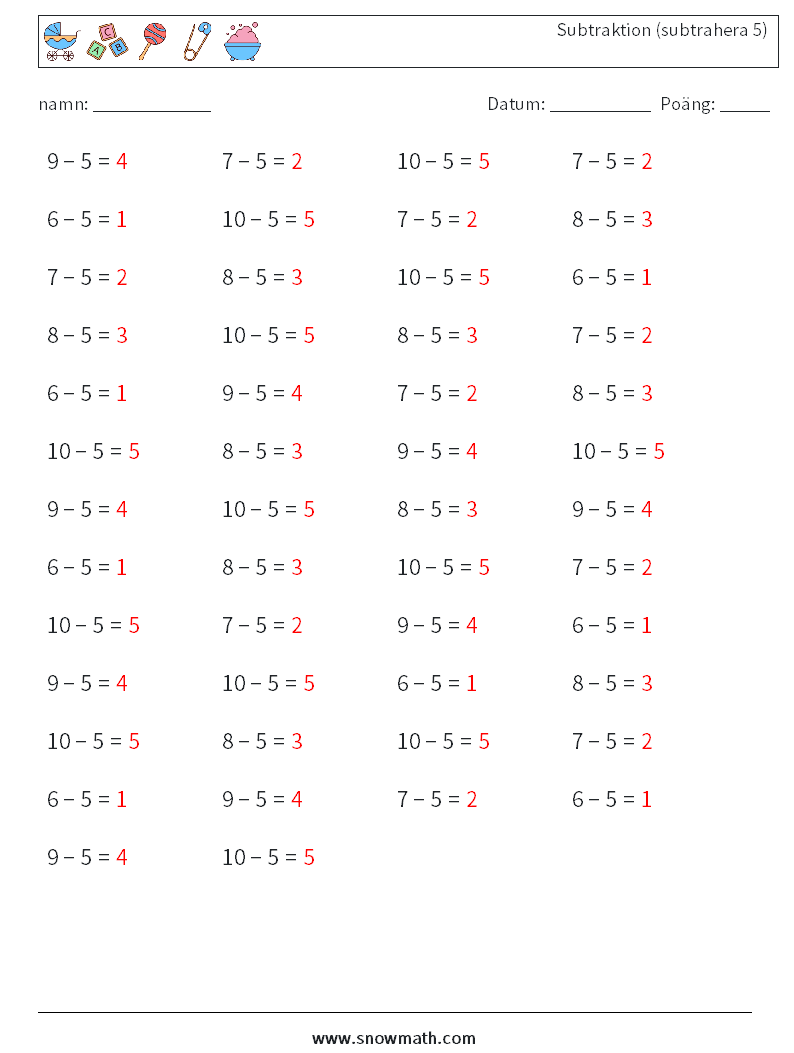 (50) Subtraktion (subtrahera 5) Matematiska arbetsblad 7 Fråga, svar