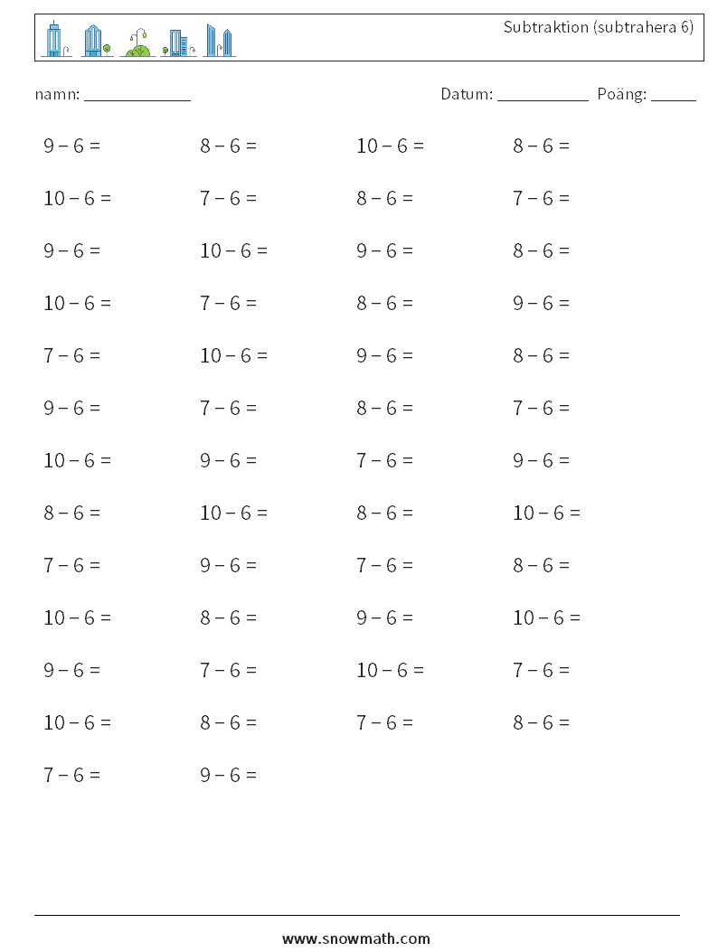 (50) Subtraktion (subtrahera 6) Matematiska arbetsblad 1