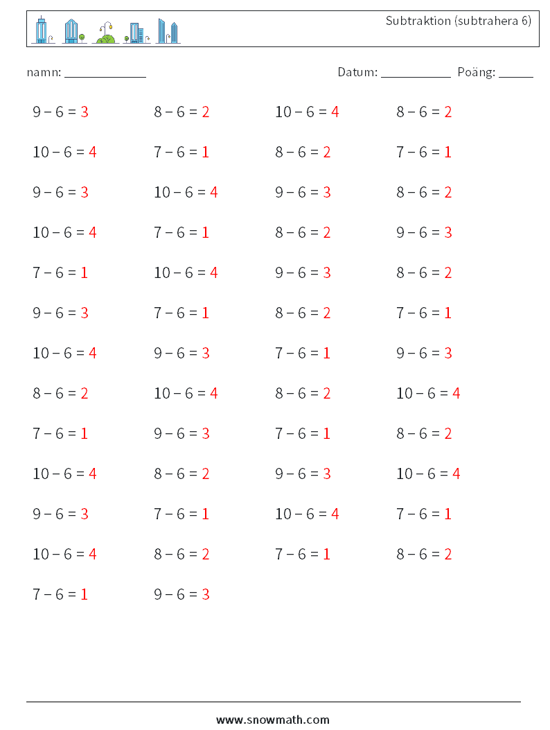 (50) Subtraktion (subtrahera 6) Matematiska arbetsblad 1 Fråga, svar