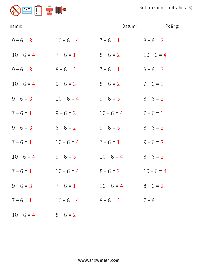 (50) Subtraktion (subtrahera 6) Matematiska arbetsblad 2 Fråga, svar