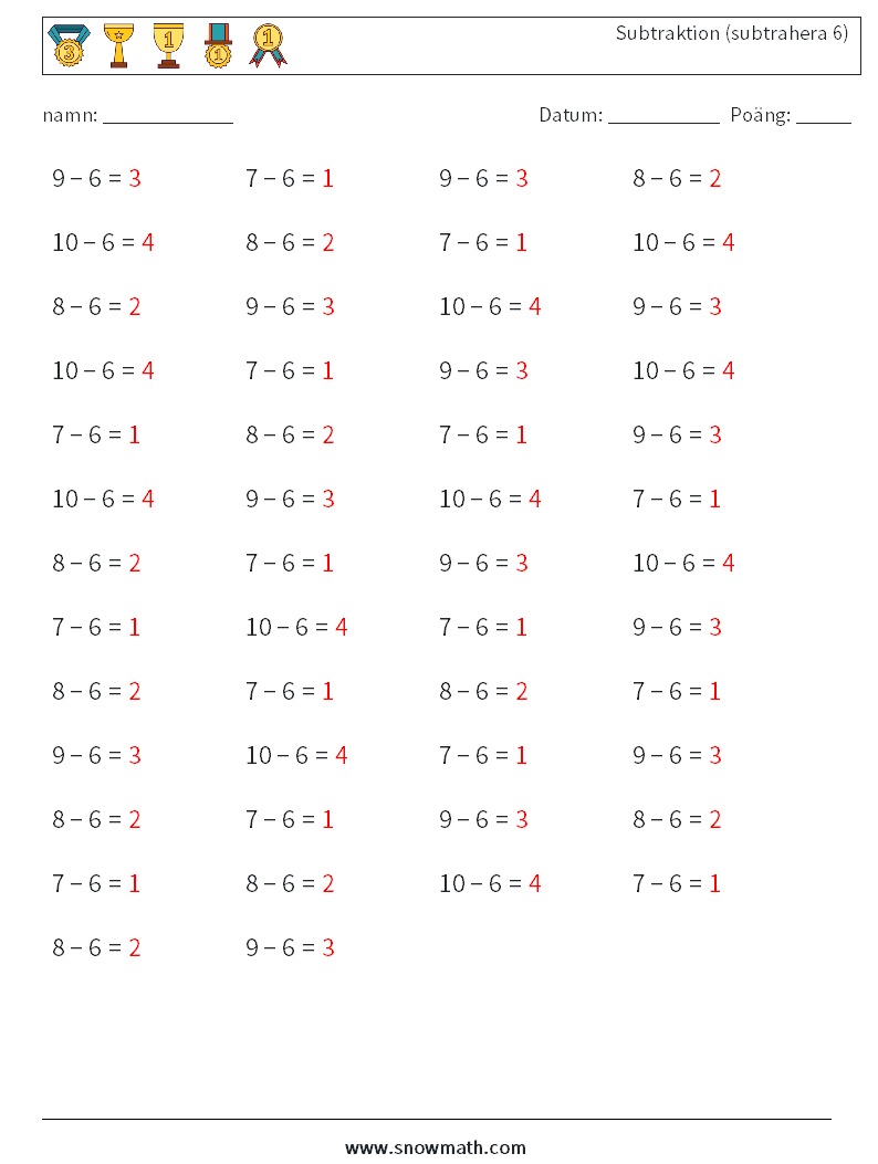 (50) Subtraktion (subtrahera 6) Matematiska arbetsblad 3 Fråga, svar