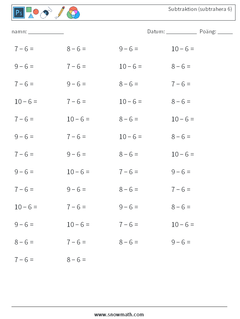 (50) Subtraktion (subtrahera 6) Matematiska arbetsblad 5