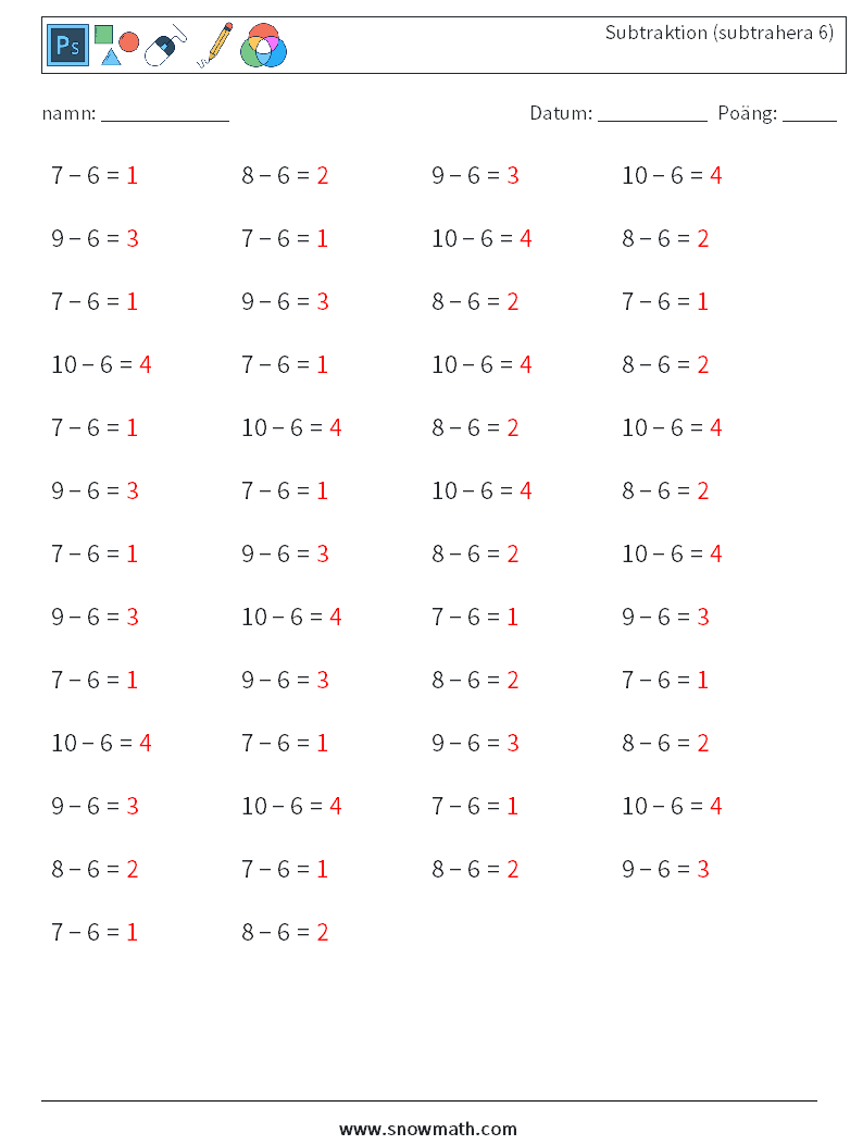 (50) Subtraktion (subtrahera 6) Matematiska arbetsblad 5 Fråga, svar