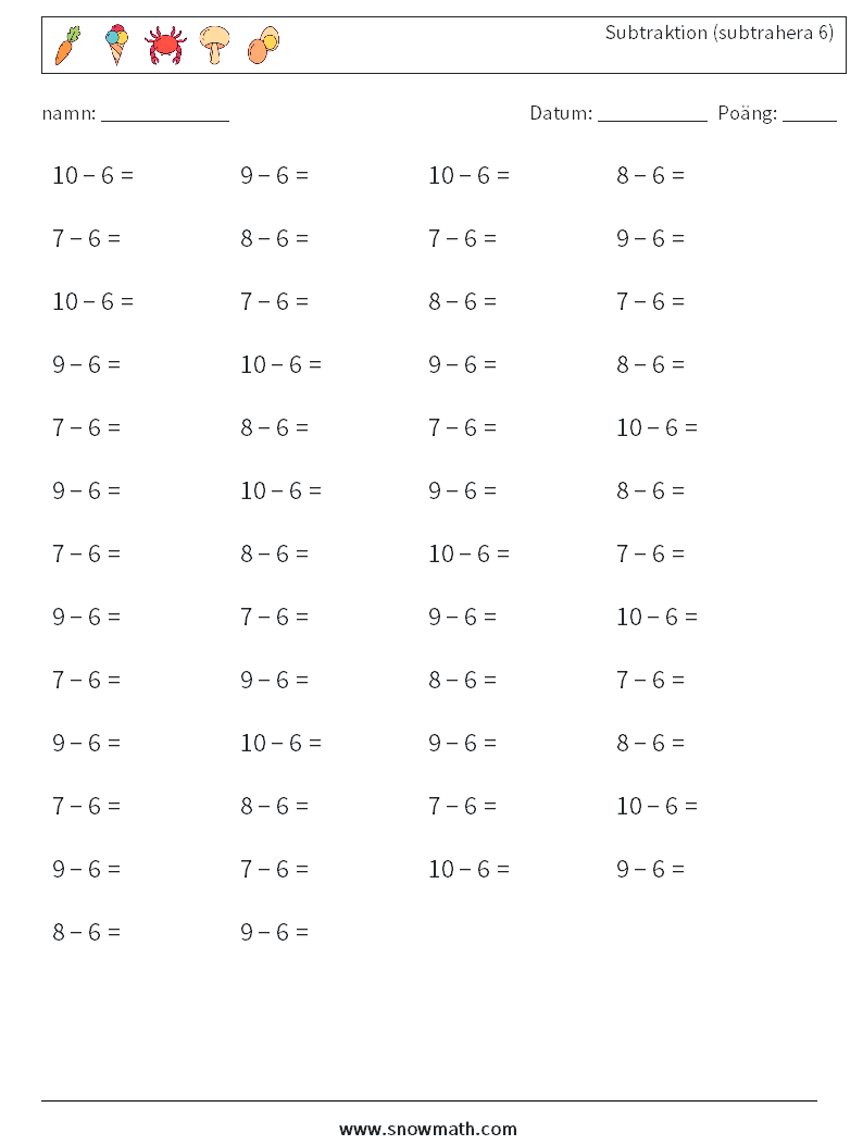 (50) Subtraktion (subtrahera 6) Matematiska arbetsblad 7