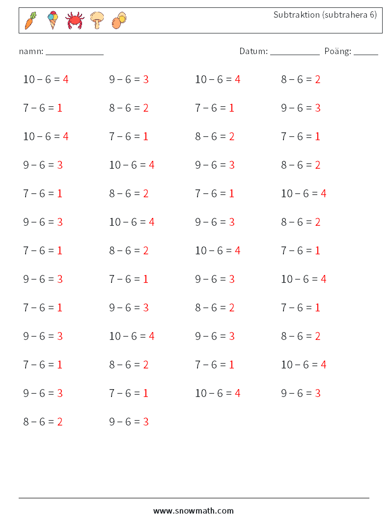 (50) Subtraktion (subtrahera 6) Matematiska arbetsblad 7 Fråga, svar