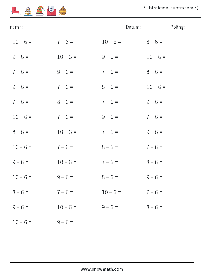 (50) Subtraktion (subtrahera 6) Matematiska arbetsblad 9