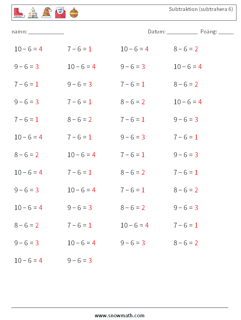 (50) Subtraktion (subtrahera 6) Matematiska arbetsblad 9 Fråga, svar
