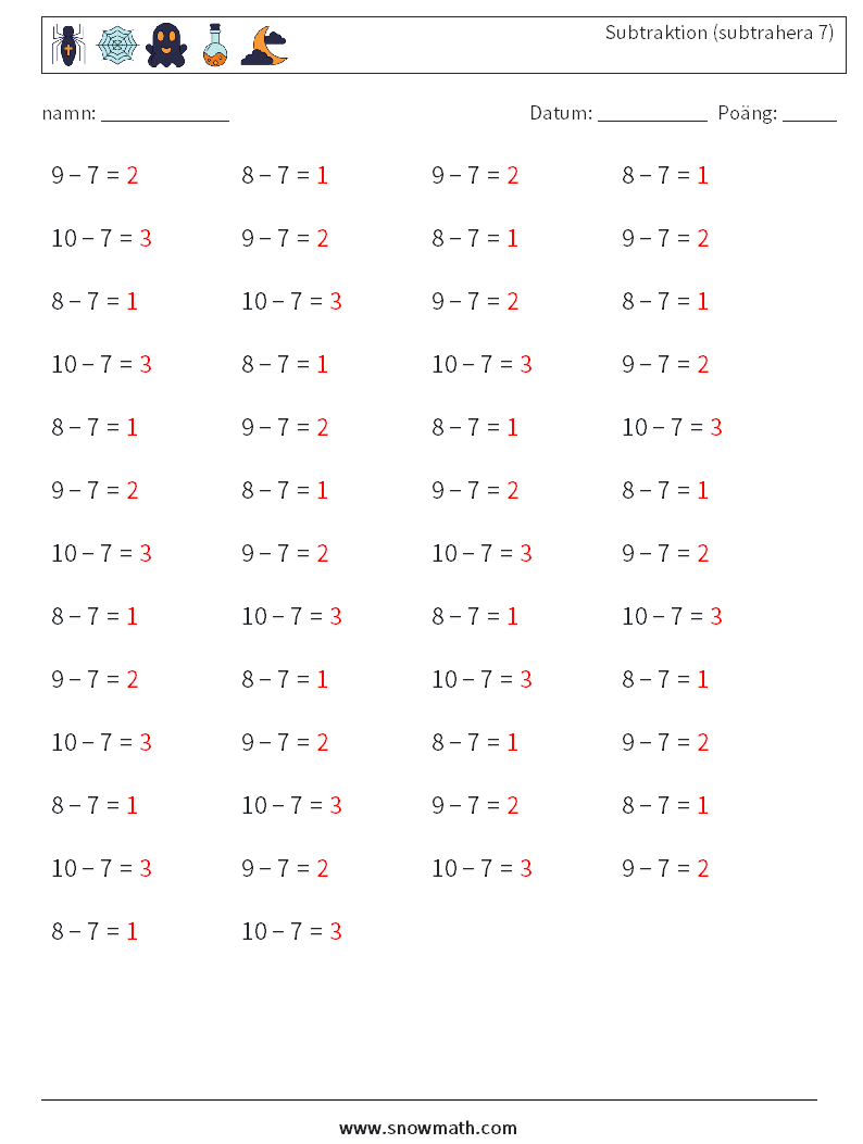 (50) Subtraktion (subtrahera 7) Matematiska arbetsblad 1 Fråga, svar