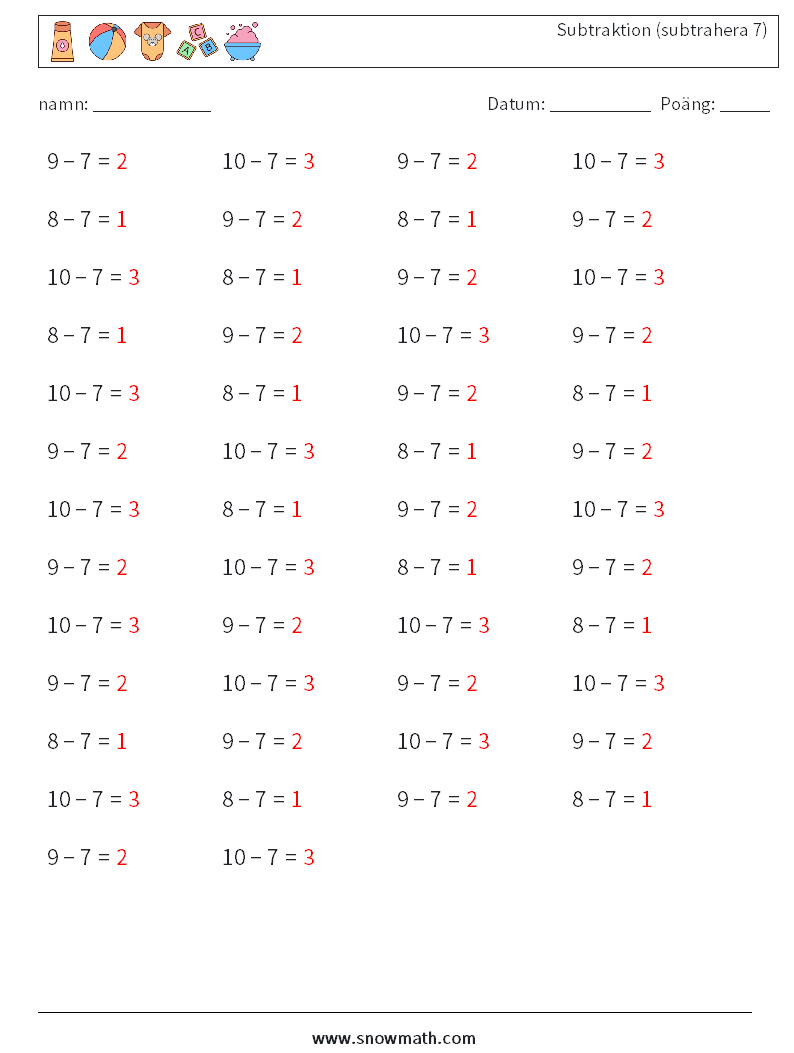 (50) Subtraktion (subtrahera 7) Matematiska arbetsblad 2 Fråga, svar