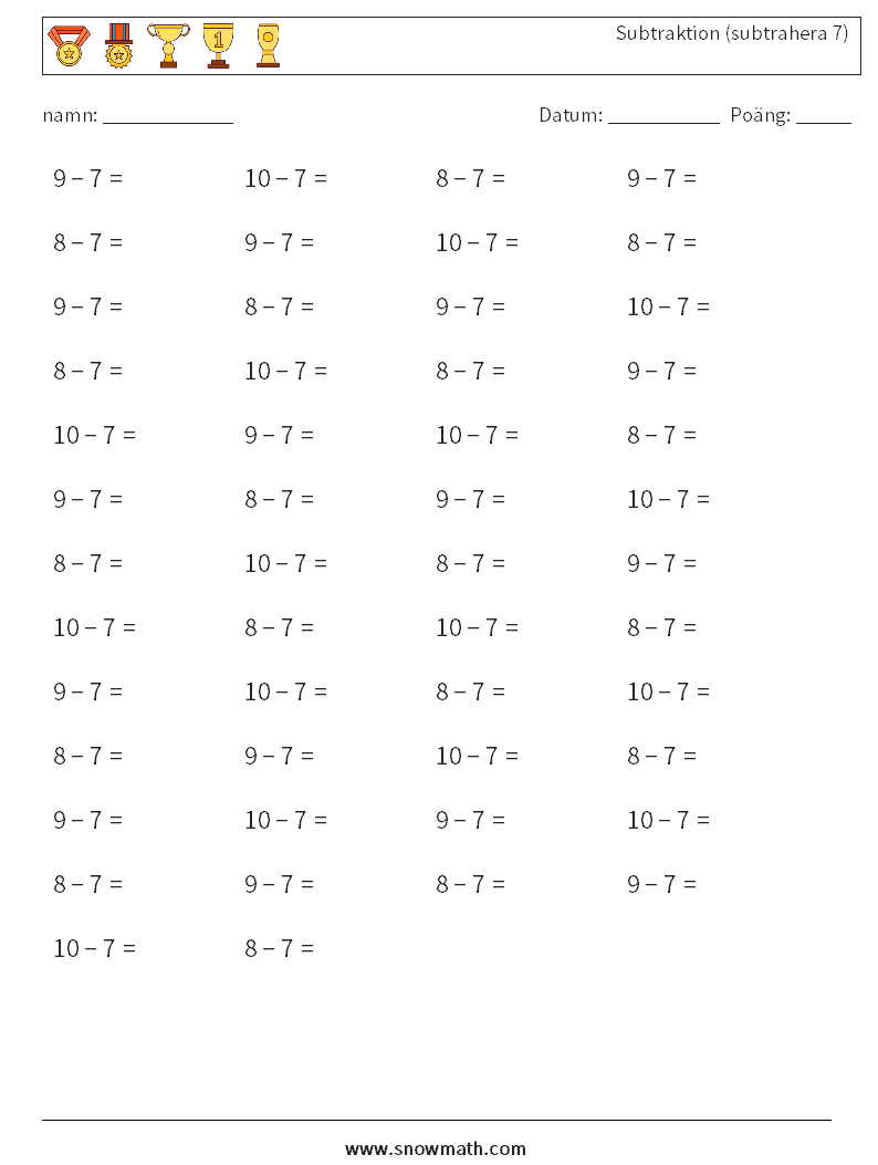 (50) Subtraktion (subtrahera 7) Matematiska arbetsblad 3