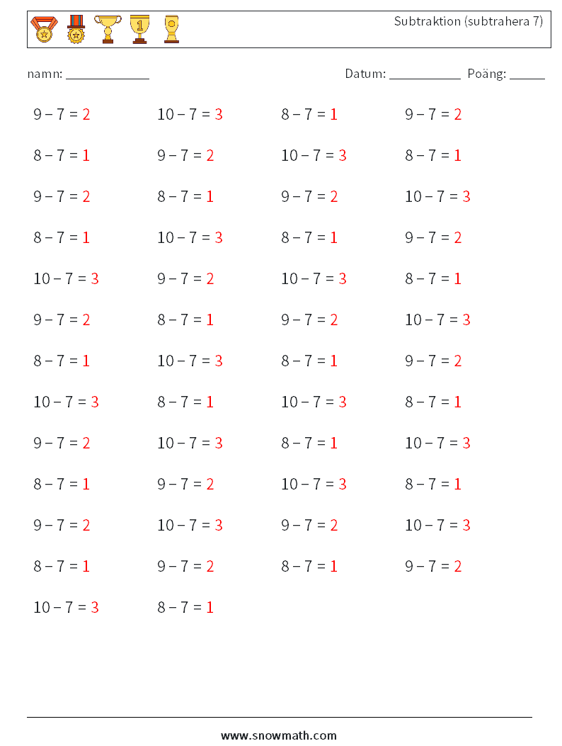 (50) Subtraktion (subtrahera 7) Matematiska arbetsblad 3 Fråga, svar