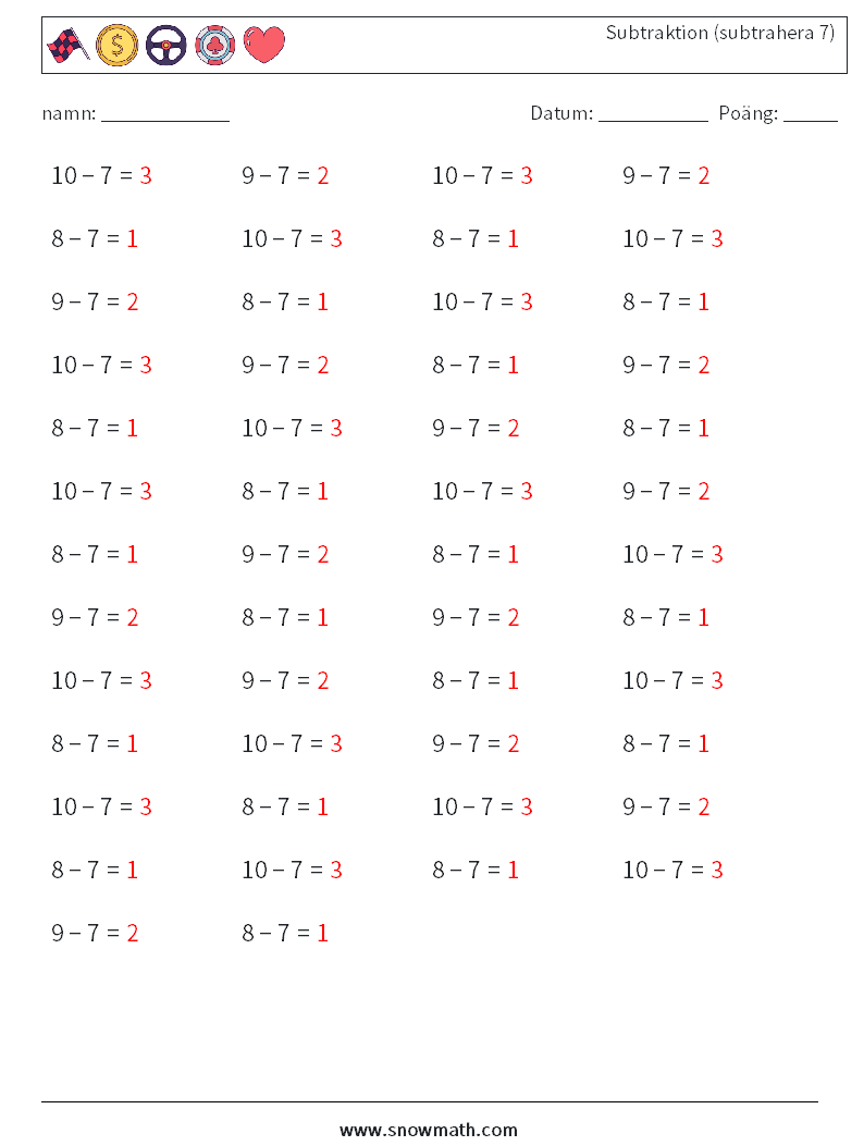 (50) Subtraktion (subtrahera 7) Matematiska arbetsblad 5 Fråga, svar