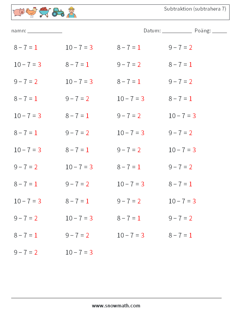 (50) Subtraktion (subtrahera 7) Matematiska arbetsblad 6 Fråga, svar