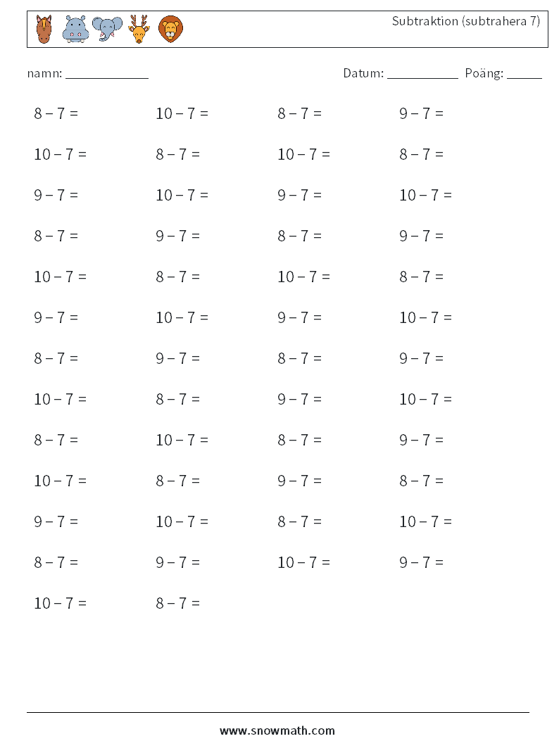 (50) Subtraktion (subtrahera 7) Matematiska arbetsblad 8