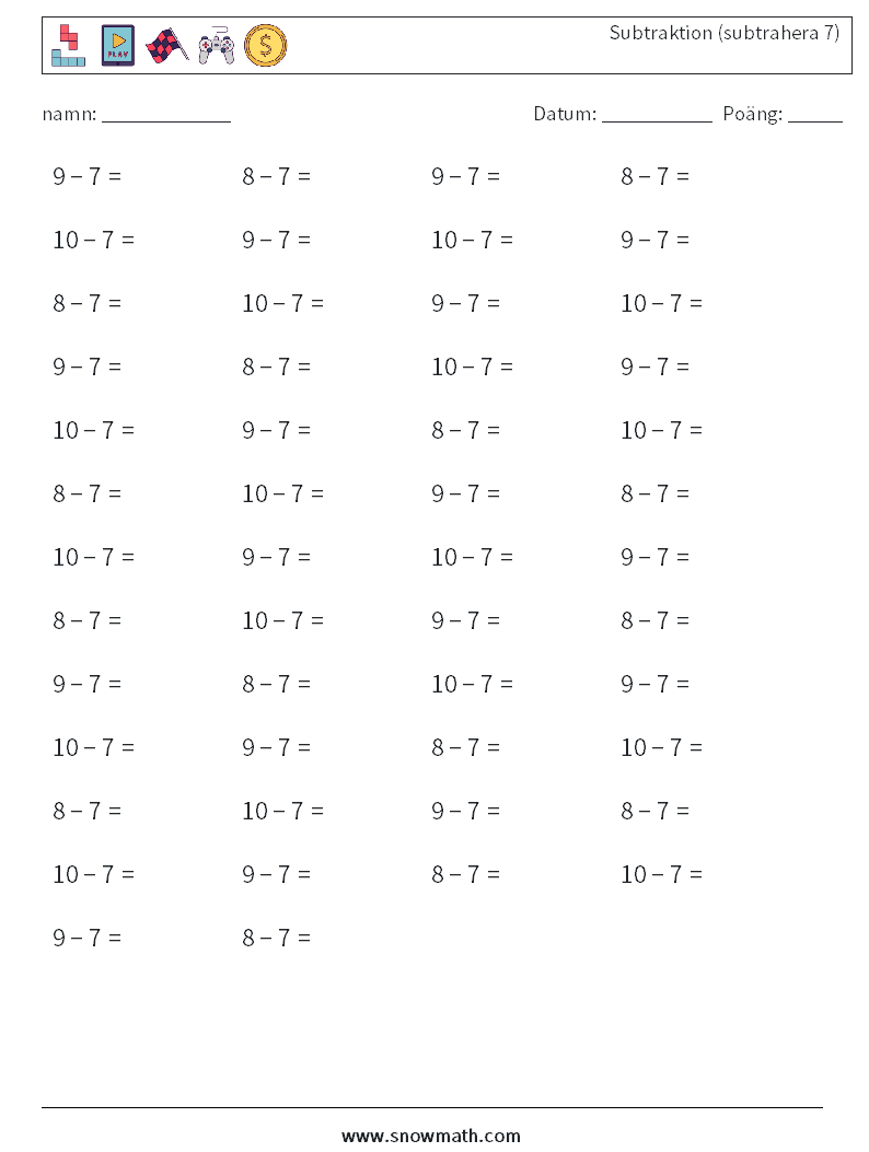 (50) Subtraktion (subtrahera 7) Matematiska arbetsblad 9