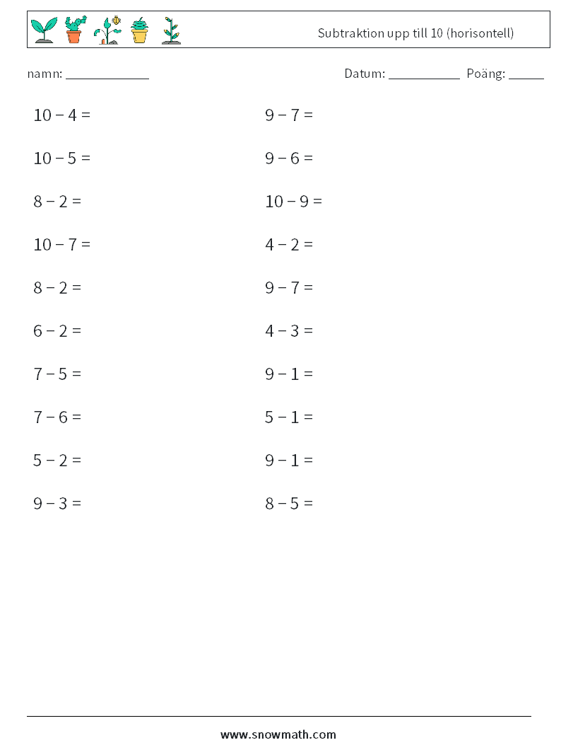 (20) Subtraktion upp till 10 (horisontell) Matematiska arbetsblad 1