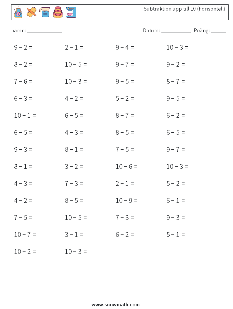 (50) Subtraktion upp till 10 (horisontell)