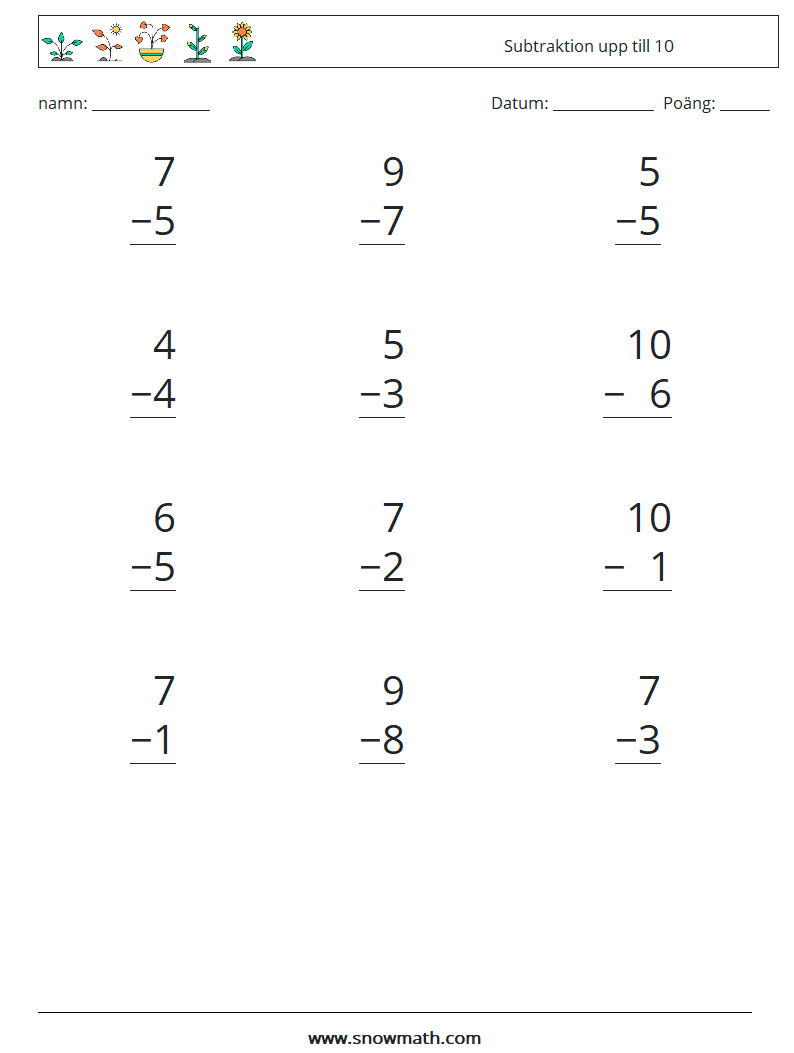 (12) Subtraktion upp till 10 Matematiska arbetsblad 1