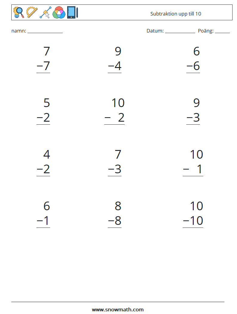 (12) Subtraktion upp till 10 Matematiska arbetsblad 2