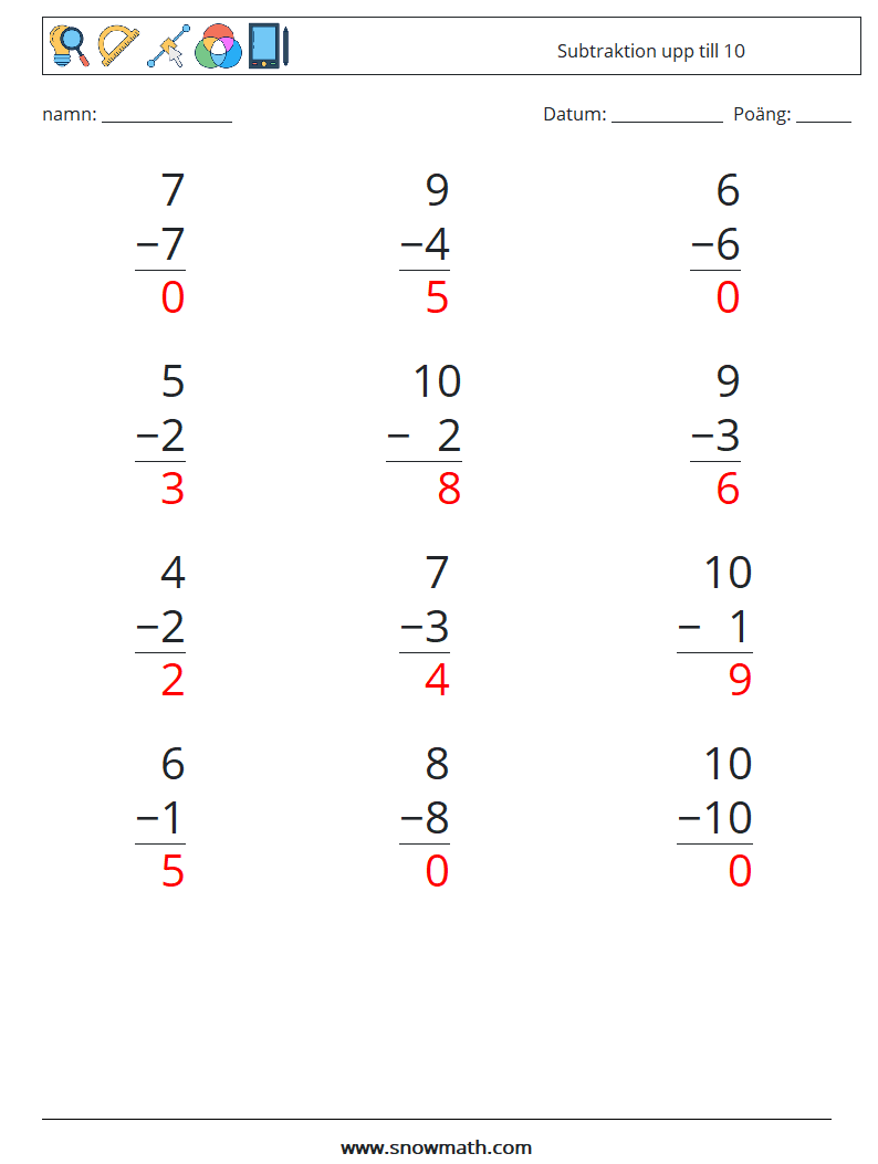 (12) Subtraktion upp till 10 Matematiska arbetsblad 2 Fråga, svar