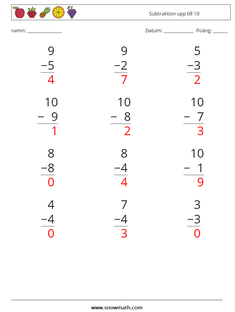 (12) Subtraktion upp till 10 Matematiska arbetsblad 3 Fråga, svar