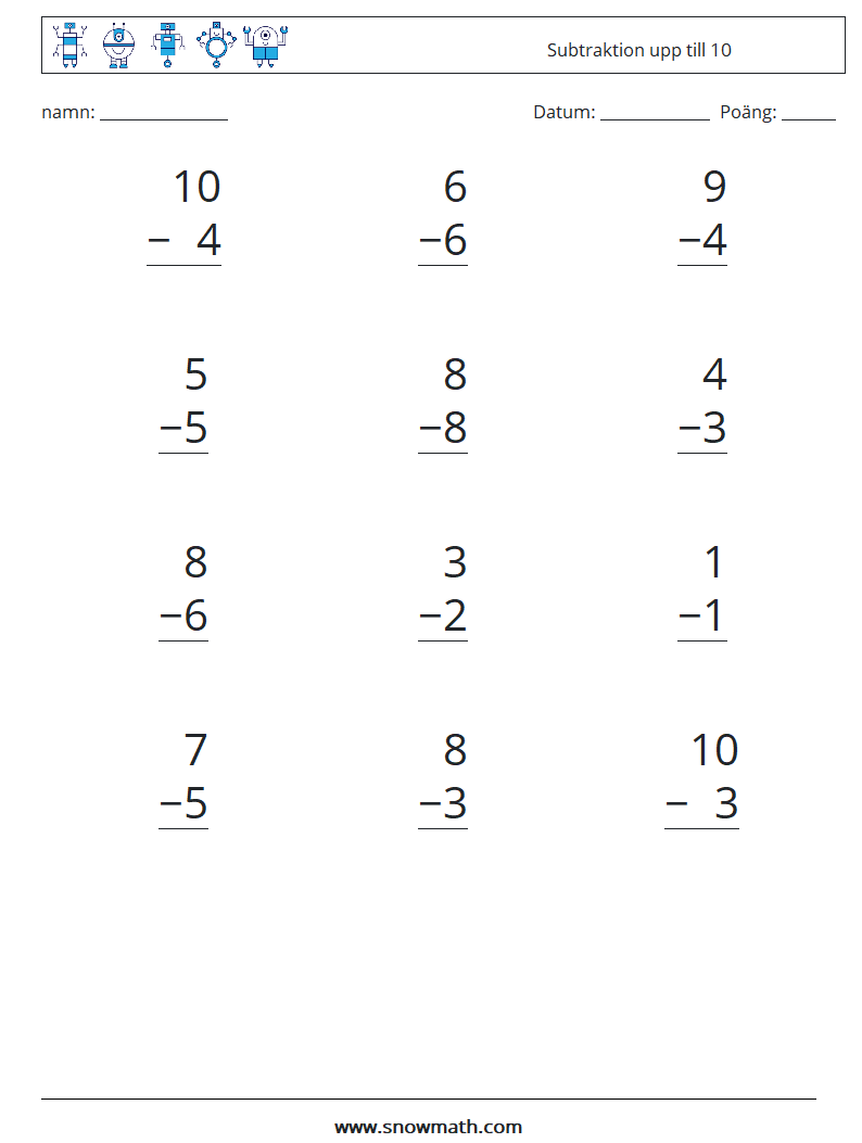 (12) Subtraktion upp till 10 Matematiska arbetsblad 4