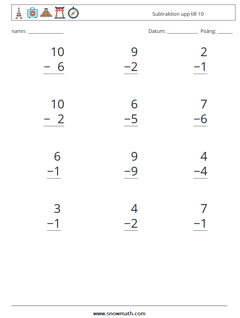 (12) Subtraktion upp till 10 Matematiska arbetsblad 5