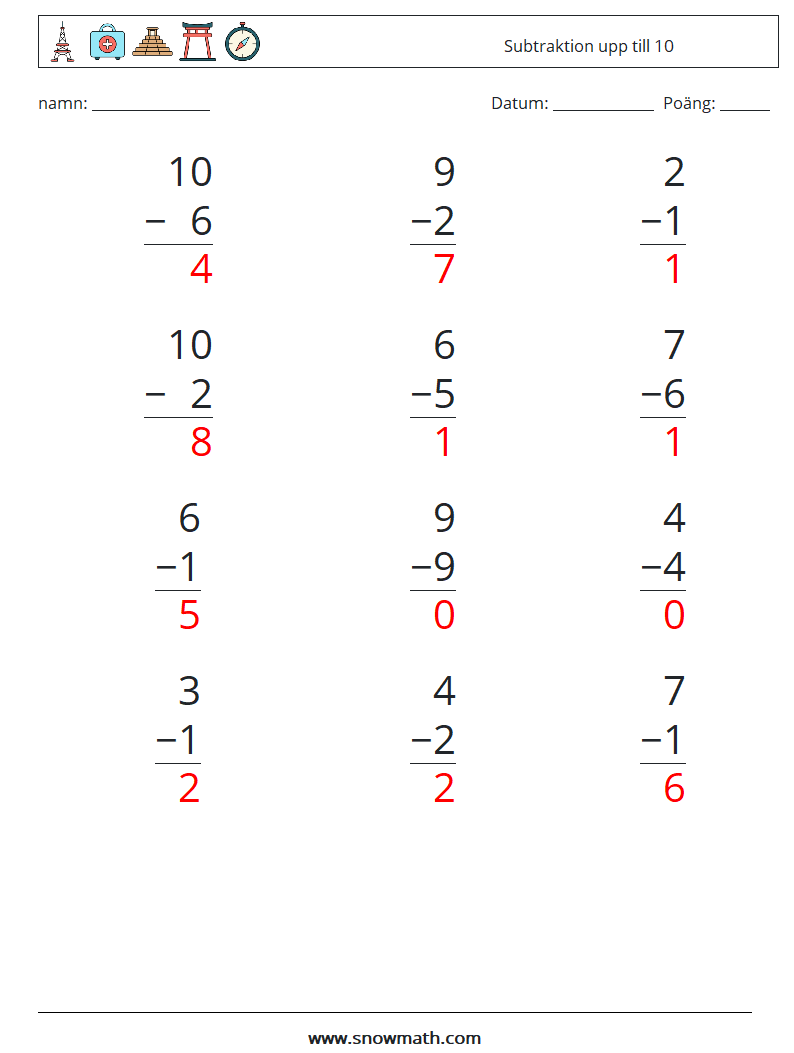 (12) Subtraktion upp till 10 Matematiska arbetsblad 5 Fråga, svar