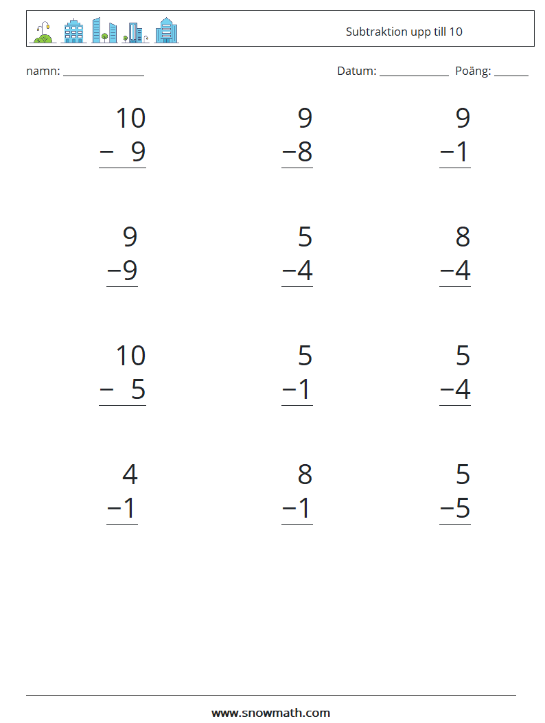 (12) Subtraktion upp till 10 Matematiska arbetsblad 6