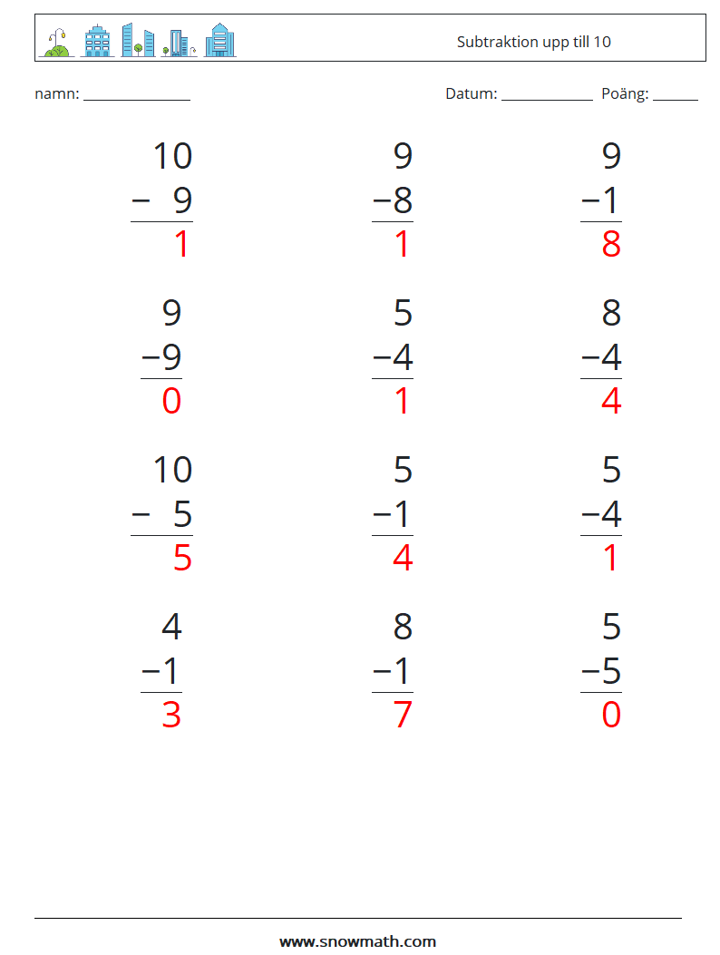 (12) Subtraktion upp till 10 Matematiska arbetsblad 6 Fråga, svar