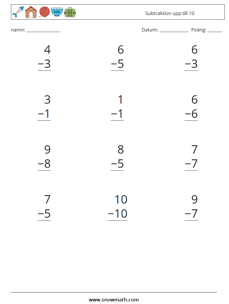 (12) Subtraktion upp till 10 Matematiska arbetsblad 7