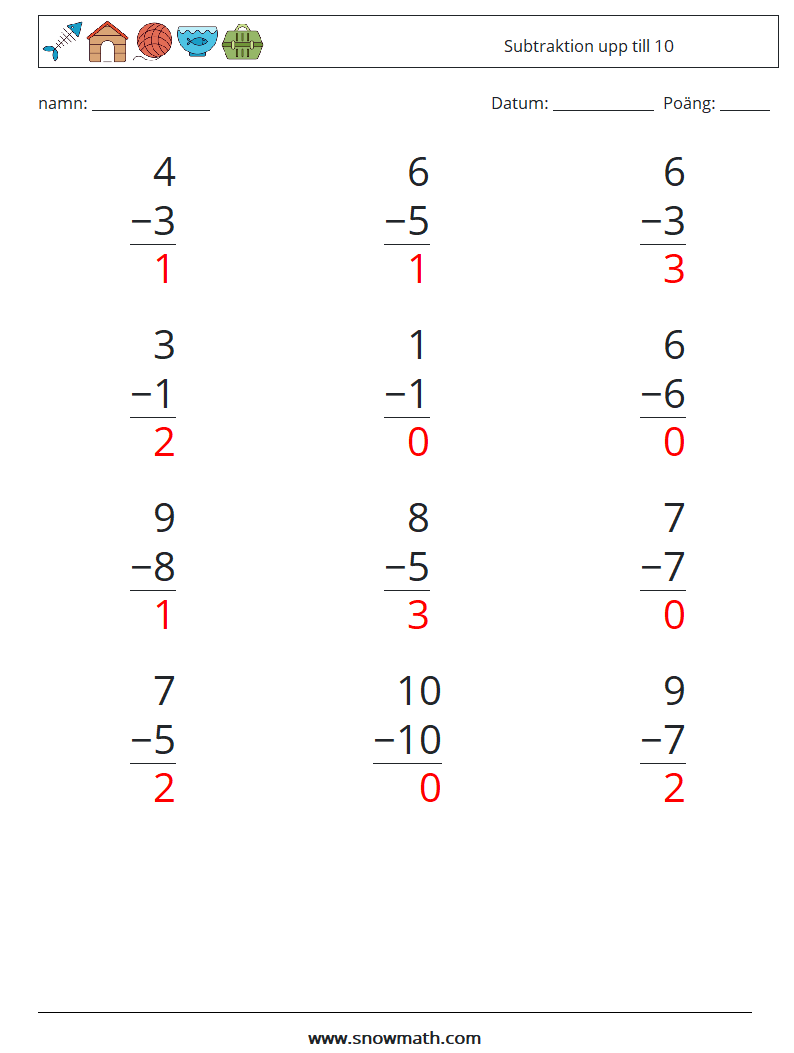 (12) Subtraktion upp till 10 Matematiska arbetsblad 7 Fråga, svar