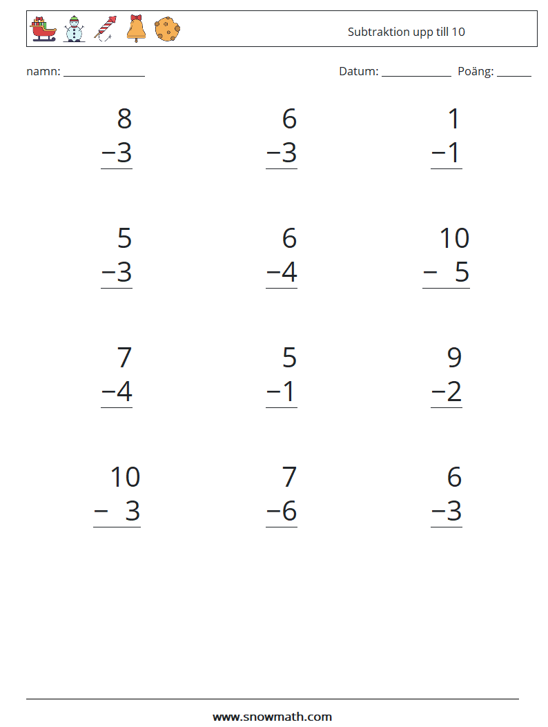 (12) Subtraktion upp till 10 Matematiska arbetsblad 8