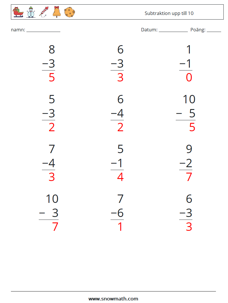 (12) Subtraktion upp till 10 Matematiska arbetsblad 8 Fråga, svar