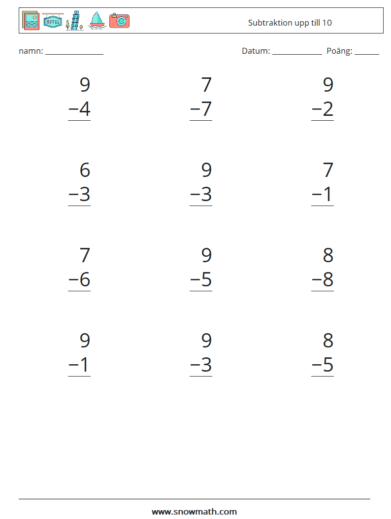 (12) Subtraktion upp till 10 Matematiska arbetsblad 9