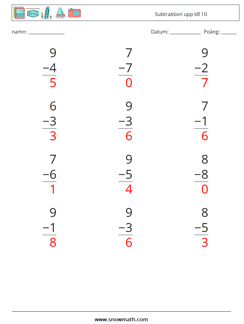 (12) Subtraktion upp till 10 Matematiska arbetsblad 9 Fråga, svar