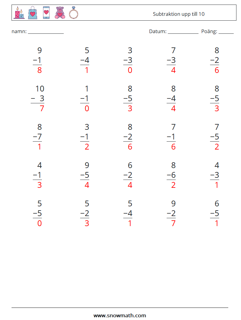 (25) Subtraktion upp till 10 Matematiska arbetsblad 1 Fråga, svar