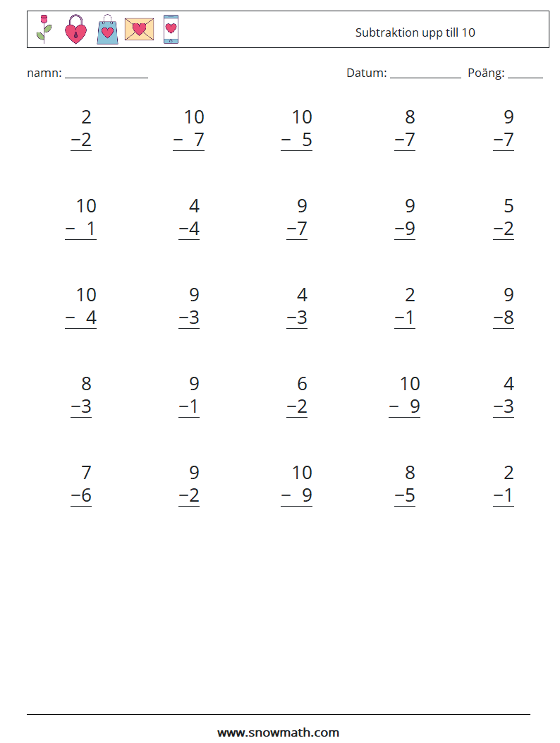 (25) Subtraktion upp till 10 Matematiska arbetsblad 2