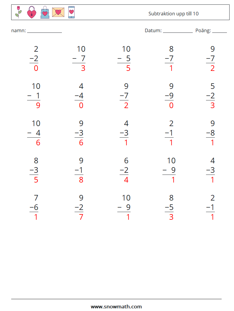 (25) Subtraktion upp till 10 Matematiska arbetsblad 2 Fråga, svar