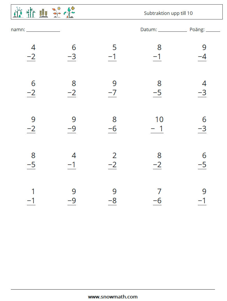 (25) Subtraktion upp till 10 Matematiska arbetsblad 3