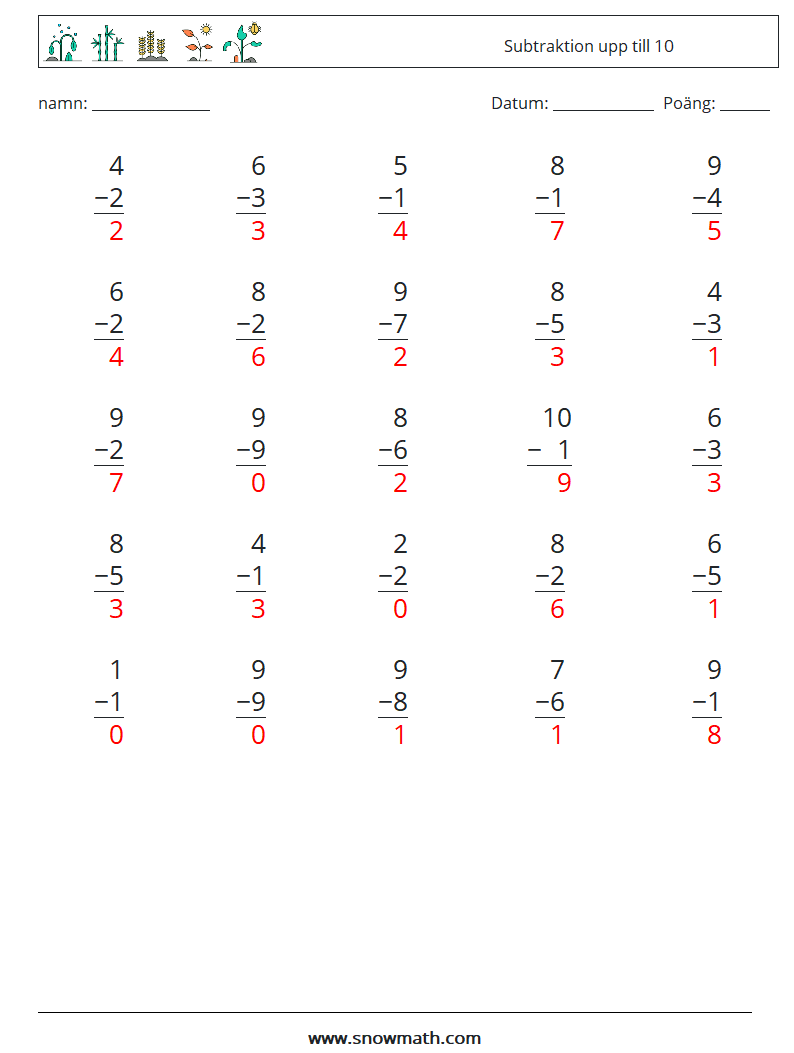 (25) Subtraktion upp till 10 Matematiska arbetsblad 3 Fråga, svar