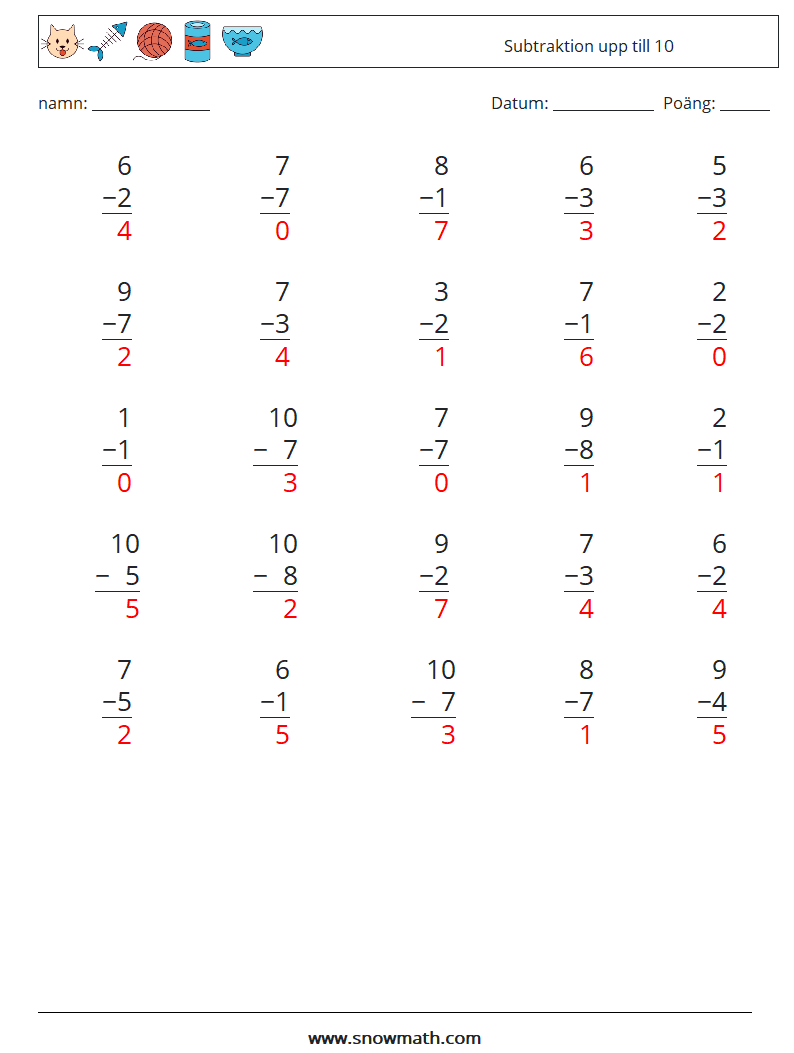 (25) Subtraktion upp till 10 Matematiska arbetsblad 4 Fråga, svar