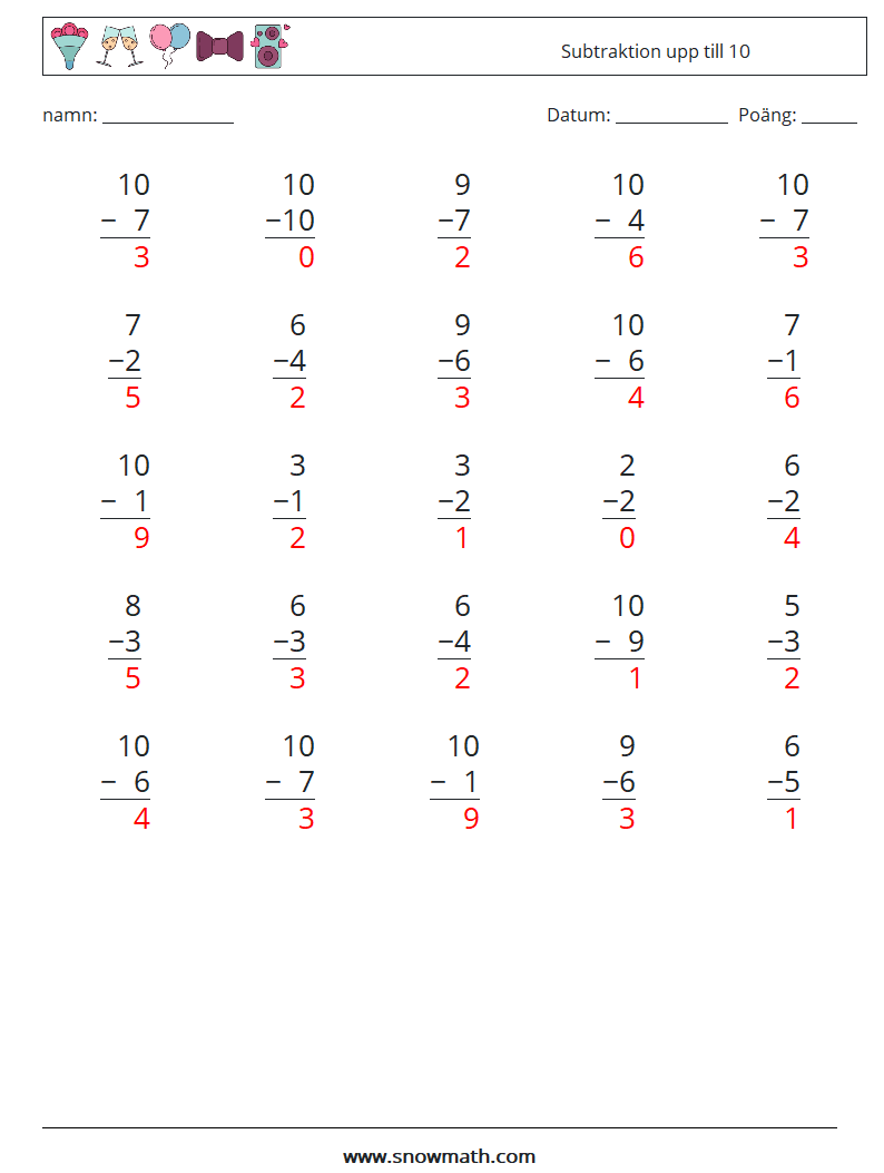 (25) Subtraktion upp till 10 Matematiska arbetsblad 5 Fråga, svar