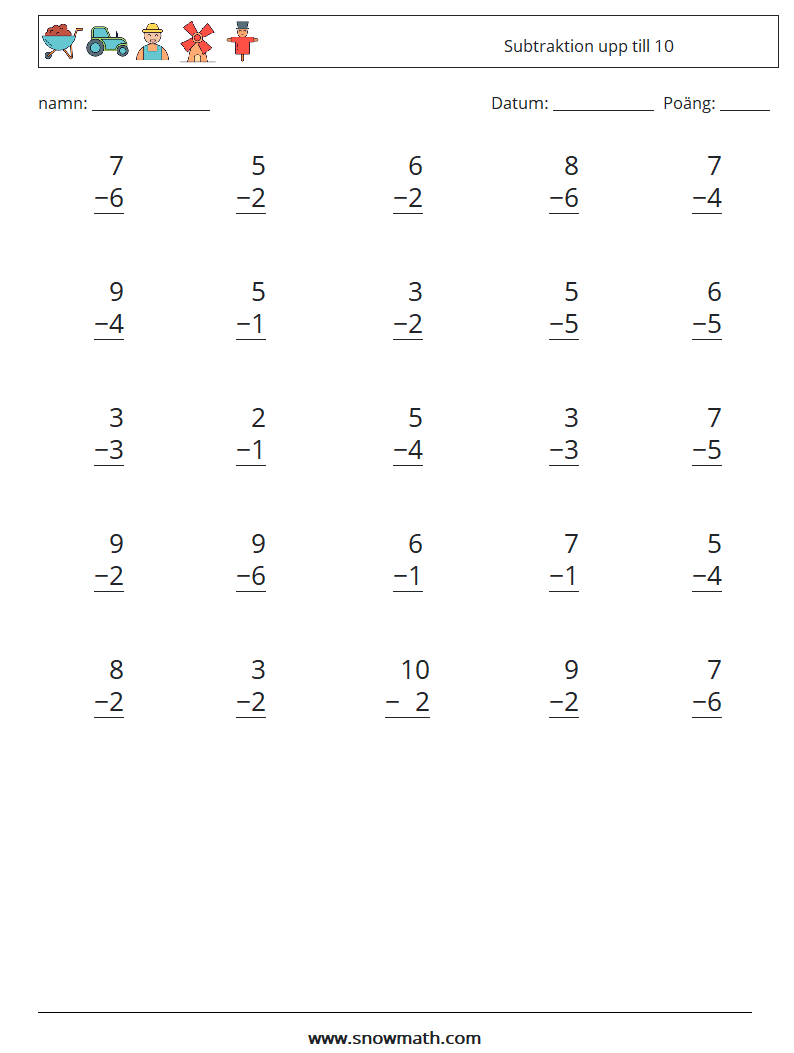 (25) Subtraktion upp till 10 Matematiska arbetsblad 6